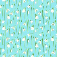 Floral seamless pattern with snowdrops on blue background. Flat hand drawn style vector