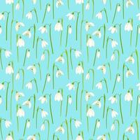 Floral seamless pattern with snowdrops on blue background. Flat hand drawn style vector