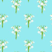 Floral seamless pattern with bouquets of snowdrops on blue background. Flat vector