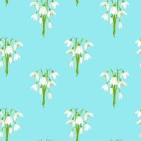 Floral seamless pattern with bouquets of snowdrops on blue background. Flat vector