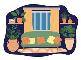 vector hogar interior en plano estilo con acogedor sofá y plantas. plano estilo interior con ventana, cortinas, sofá y estantería