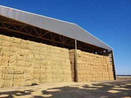 Angled view of a hay barn full of hay bales photo