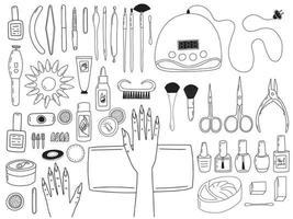 Vector hand drawn manicure set on table top view. Different kinds of manicure tools and himan hands on table isolated.