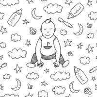 Cute baby boy seamless pattern on white background. Vector toddler doodle pattern