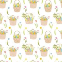 Easter basket with eggs seamless pattern. Hand drawn vector seamless pattern. Easter holiday decor. Wicker basket, coloured eggs, plants, tulips. Wrapping paper, holiday decor, home textile.