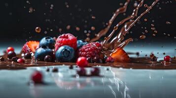 Photo of chocolate and berries splash, In a distance, Minimalism -