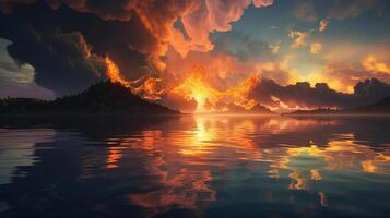The picture is transparent, dragon fire clouds, sunset, cg rendering, 3d effect, body light, sky, super wide angle, clouds on the lake, lake reflection, blue sky transparent tone - photo