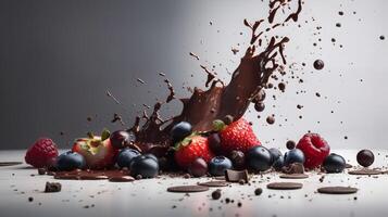 Photo of chocolate and berries splash, In a distance, Minimalism -
