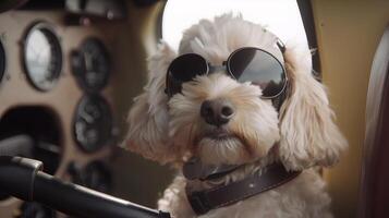 dog driving small car with pilot's glasses, photo