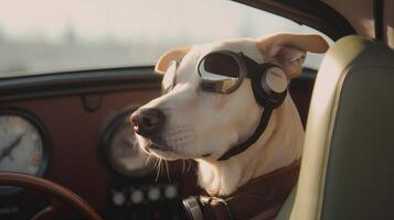 dog driving small car with pilot's glasses, photo