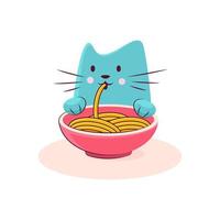 lindo personaje de gato disfruta sabroso ramen vector