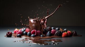 Photo of chocolate and berries splash, In a distance, Minimalism -