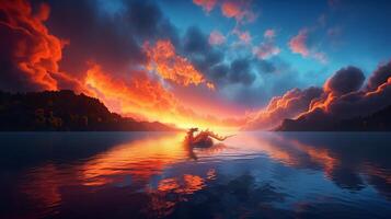 The picture is transparent, dragon fire clouds, sunset, cg rendering, 3d effect, body light, sky, super wide angle, clouds on the lake, lake reflection, blue sky transparent tone - photo