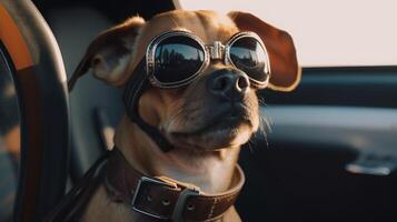 dog driving small car with pilot's glasses, photo