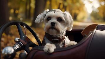 dog driving small car with pilot's glasses, photo