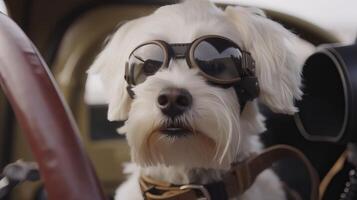 dog driving small car with pilot's glasses, photo