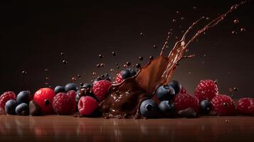 Photo of chocolate and berries splash, In a distance, Minimalism -