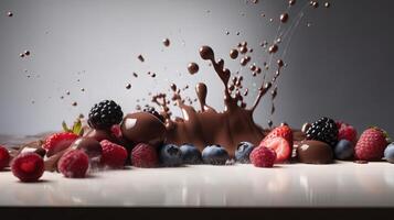 Photo of chocolate and berries splash, In a distance, Minimalism -