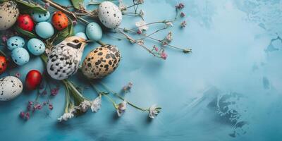 Banner of Easter quail eggs, and flowers over blue background - photo
