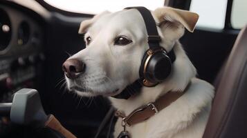 dog driving small car with pilot's glasses, photo