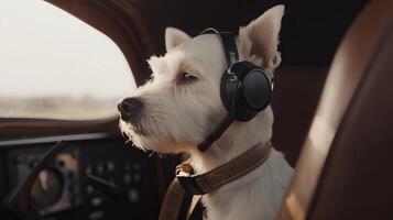 dog driving small car with pilot's glasses, photo