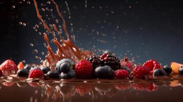 Photo of chocolate and berries splash, In a distance, Minimalism -