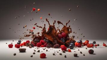 Photo of chocolate and berries splash, In a distance, Minimalism -