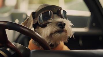 dog driving small car with pilot's glasses, photo