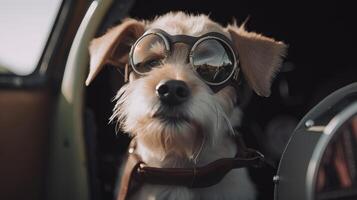 dog driving small car with pilot's glasses, photo