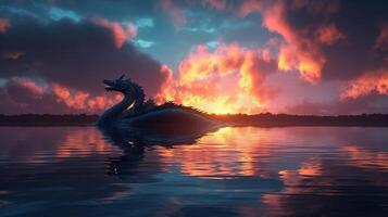 The picture is transparent, dragon fire clouds, sunset, cg rendering, 3d effect, body light, sky, super wide angle, clouds on the lake, lake reflection, blue sky transparent tone - photo