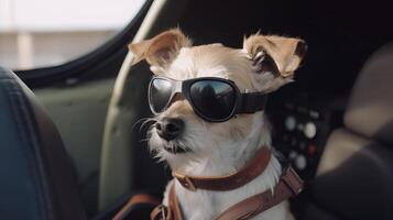 dog driving small car with pilot's glasses, photo