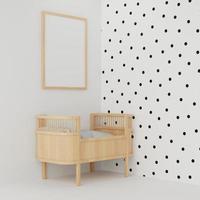 3D Rendering Wood Bassinet With White Polka Dot Wallpaper And Wh photo