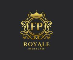 Golden Letter FP template logo Luxury gold letter with crown. Monogram alphabet . Beautiful royal initials letter. vector