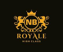 Golden Letter NB template logo Luxury gold letter with crown. Monogram alphabet . Beautiful royal initials letter. vector