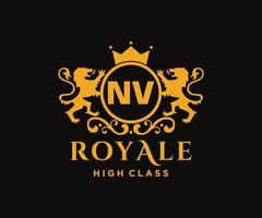 Golden Letter NV template logo Luxury gold letter with crown. Monogram alphabet . Beautiful royal initials letter. vector