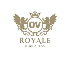 Golden Letter OV template logo Luxury gold letter with crown. Monogram alphabet . Beautiful royal initials letter. vector
