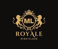 Golden Letter ML template logo Luxury gold letter with crown. Monogram alphabet . Beautiful royal initials letter. vector