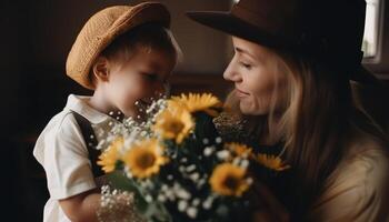 Little boy holding flowers, hugging his mother and celebrating mother's day. photo