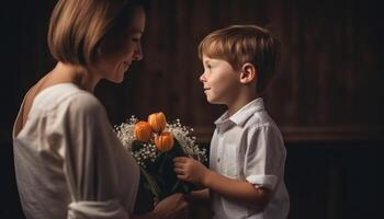 Little boy holding flowers, hugging his mother and celebrating mother's day. photo