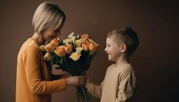 pequeño chico participación flores, abrazando su madre y celebrando de la madre día. generativo ai foto
