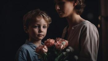 pequeño chico participación flores, abrazando su madre y celebrando de la madre día. generativo ai foto