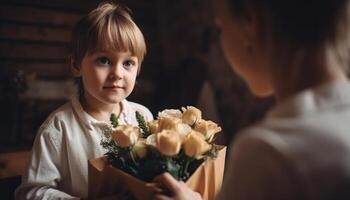 Little boy holding flowers, hugging his mother and celebrating mother's day. photo