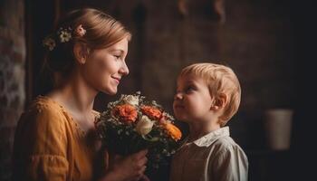 pequeño chico participación flores, abrazando su madre y celebrando de la madre día. generativo ai foto