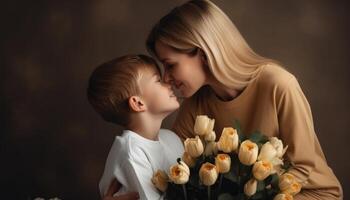 pequeño chico participación flores, abrazando su madre y celebrando de la madre día. generativo ai foto