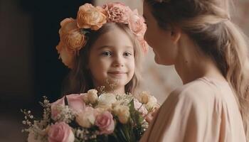 pequeño niña participación flores, abrazando su madre y celebrando de la madre día. generativo ai foto