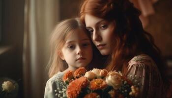 pequeño niña participación flores, abrazando su madre y celebrando de la madre día. generativo ai foto