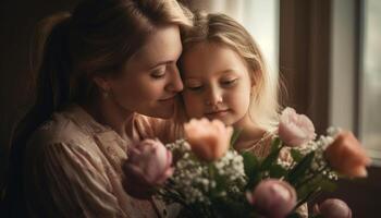 pequeño niña participación flores, abrazando su madre y celebrando de la madre día. generativo ai foto