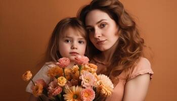 pequeño niña participación flores, abrazando su madre y celebrando de la madre día. generativo ai foto