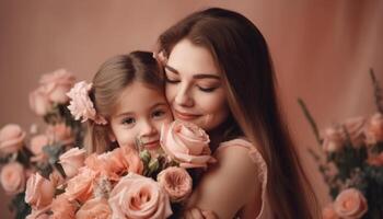 pequeño niña participación flores, abrazando su madre y celebrando de la madre día. generativo ai foto