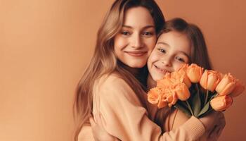 Little girl holding flowers, hugging her mother and celebrating mother's day. photo